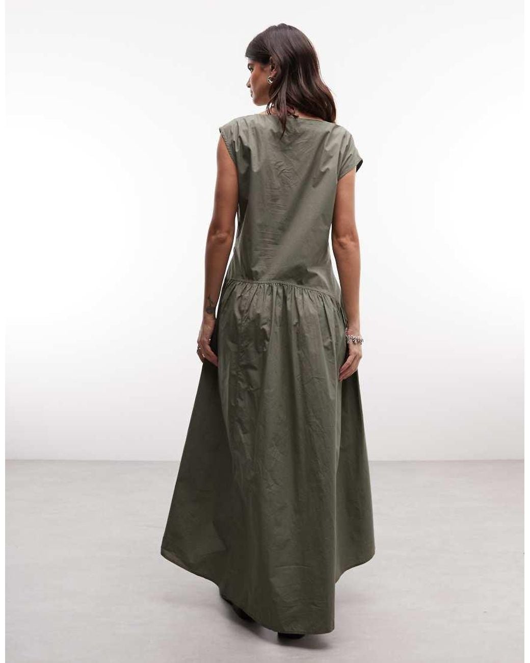 AllSaints Green Triana Ruched Ruffle Midi Dress