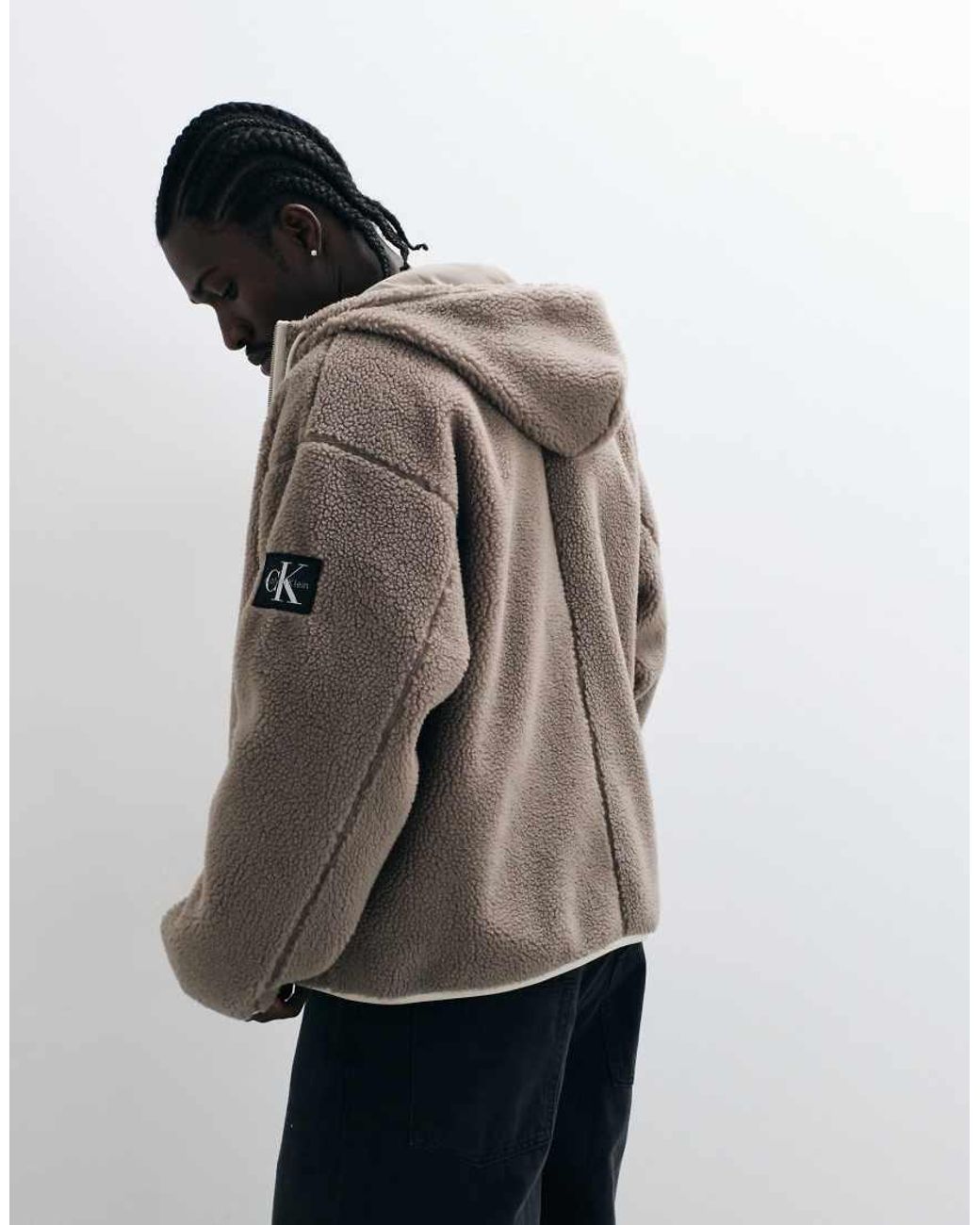 Calvin Klein Gray Badge Sherpa Funnel Neck Zip Up Hoodie for men