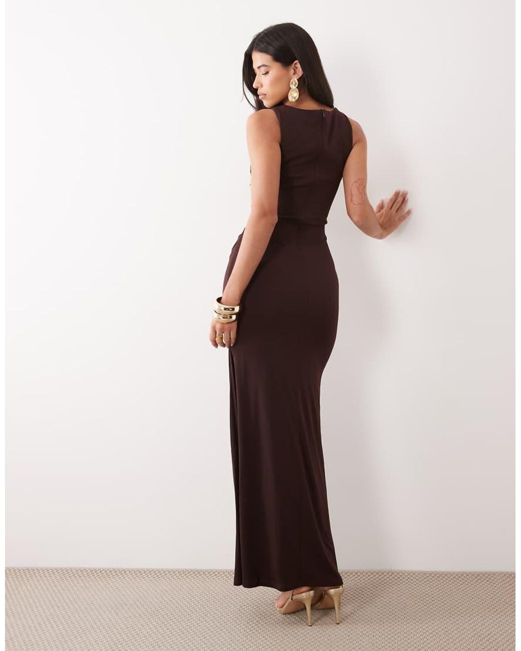 TFNC London Brown Slinky Cowl Neck Thigh Split Maxi Dress