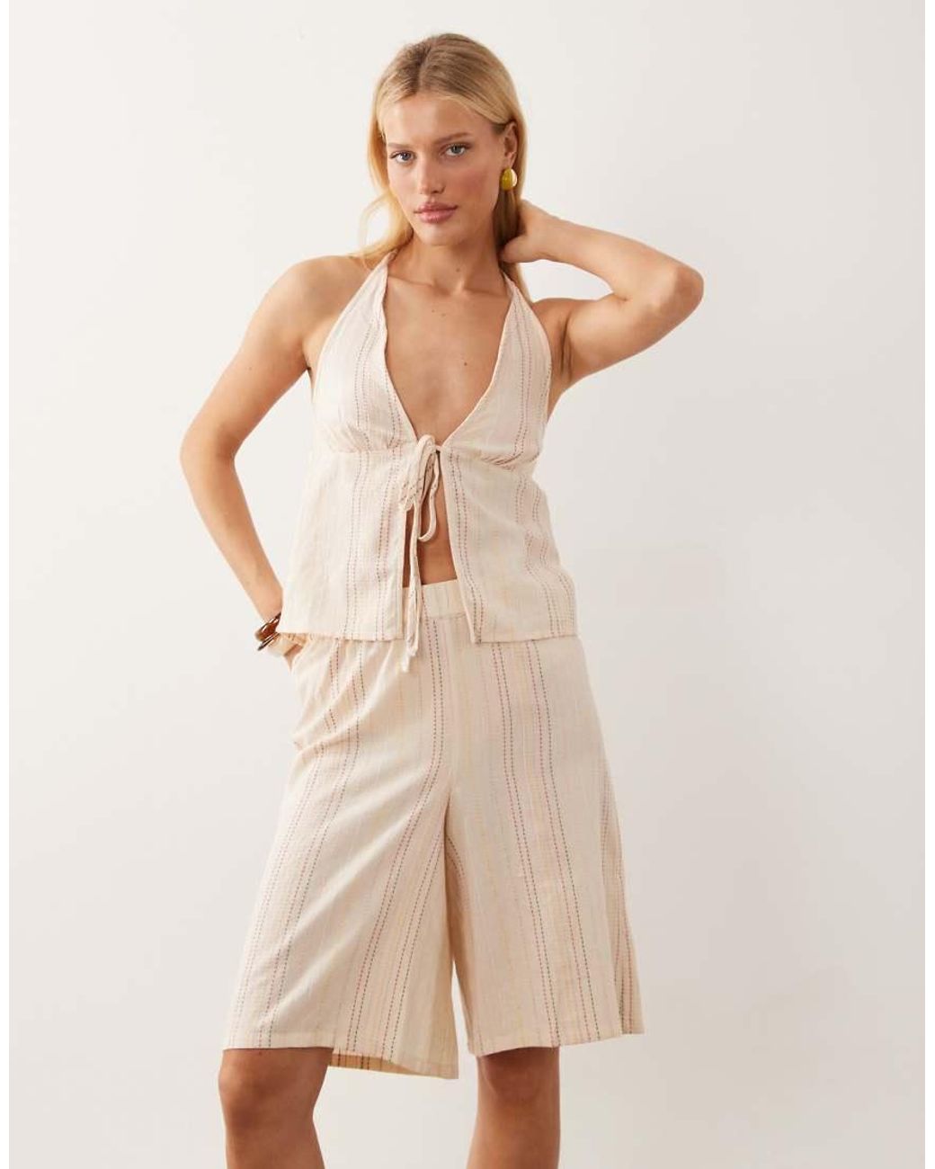 Collusion Natural Textured Beach Stripe Halter Top Co-ord