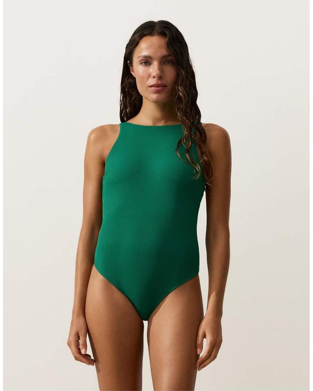 Oysho Green Halter Piqué Swimsuit