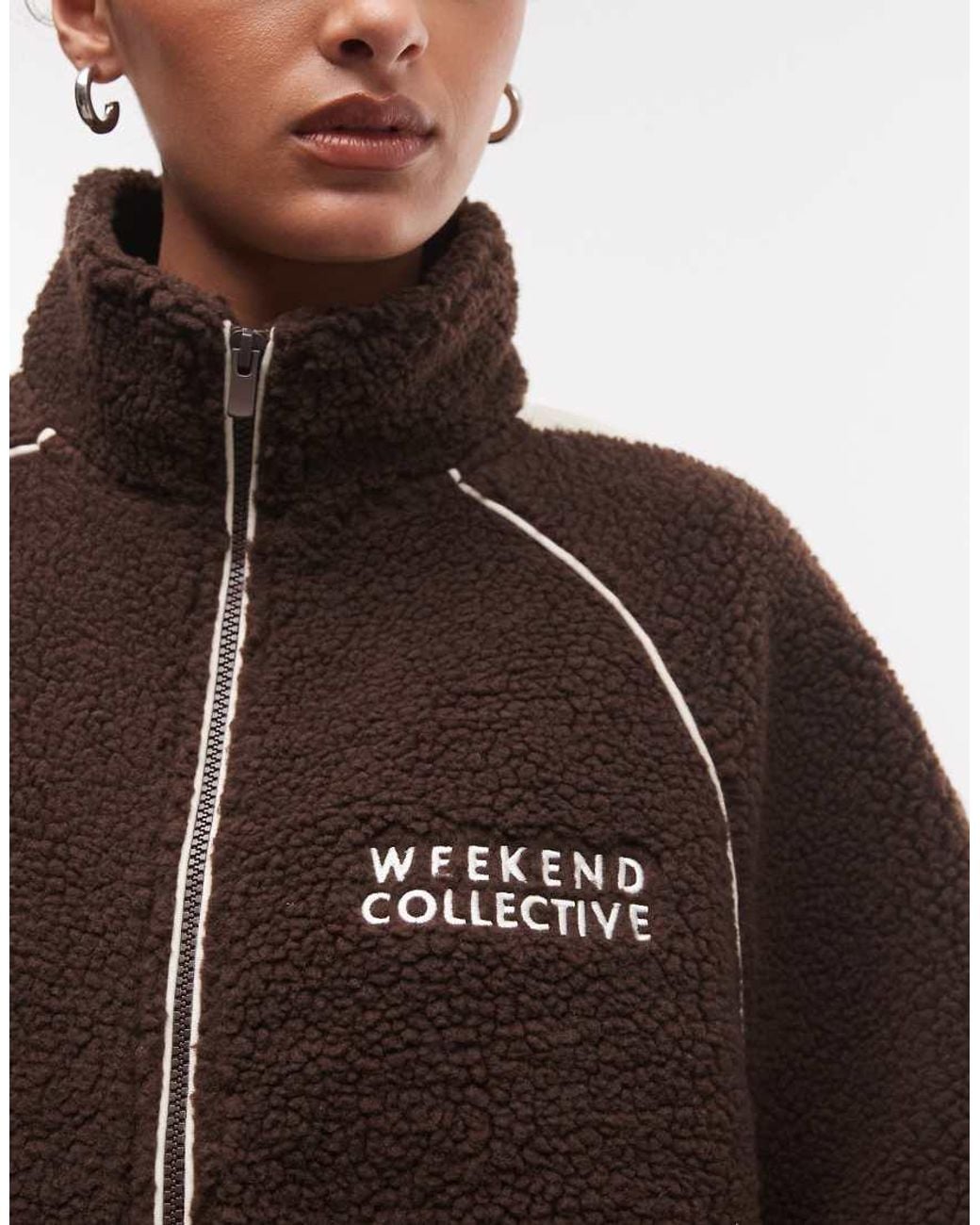 ASOS Brown Weekend Collective Zip Through Fleece With Side Stripe Detail