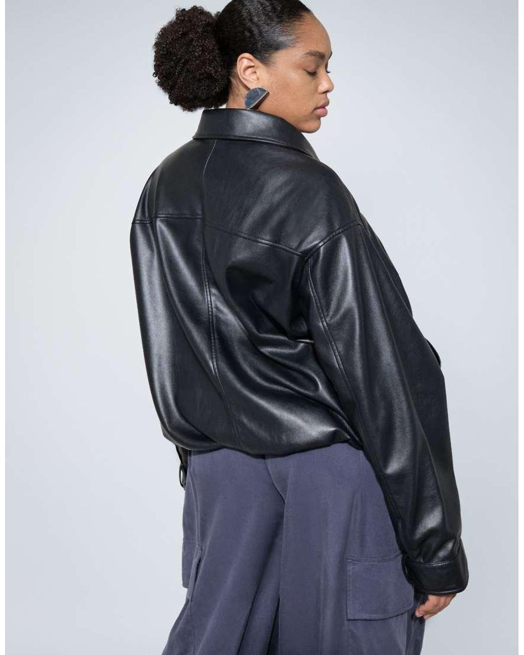 ASOS Black Asos Design Curve Clean Leather Look Funnel Bomber Jacket