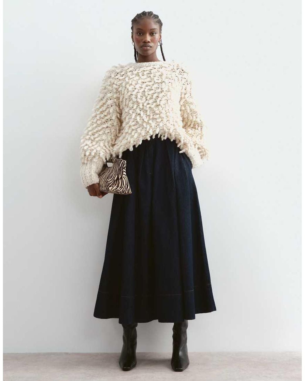 ARRANGE White Denim Full Maxi Skirt With Topstitching Detail