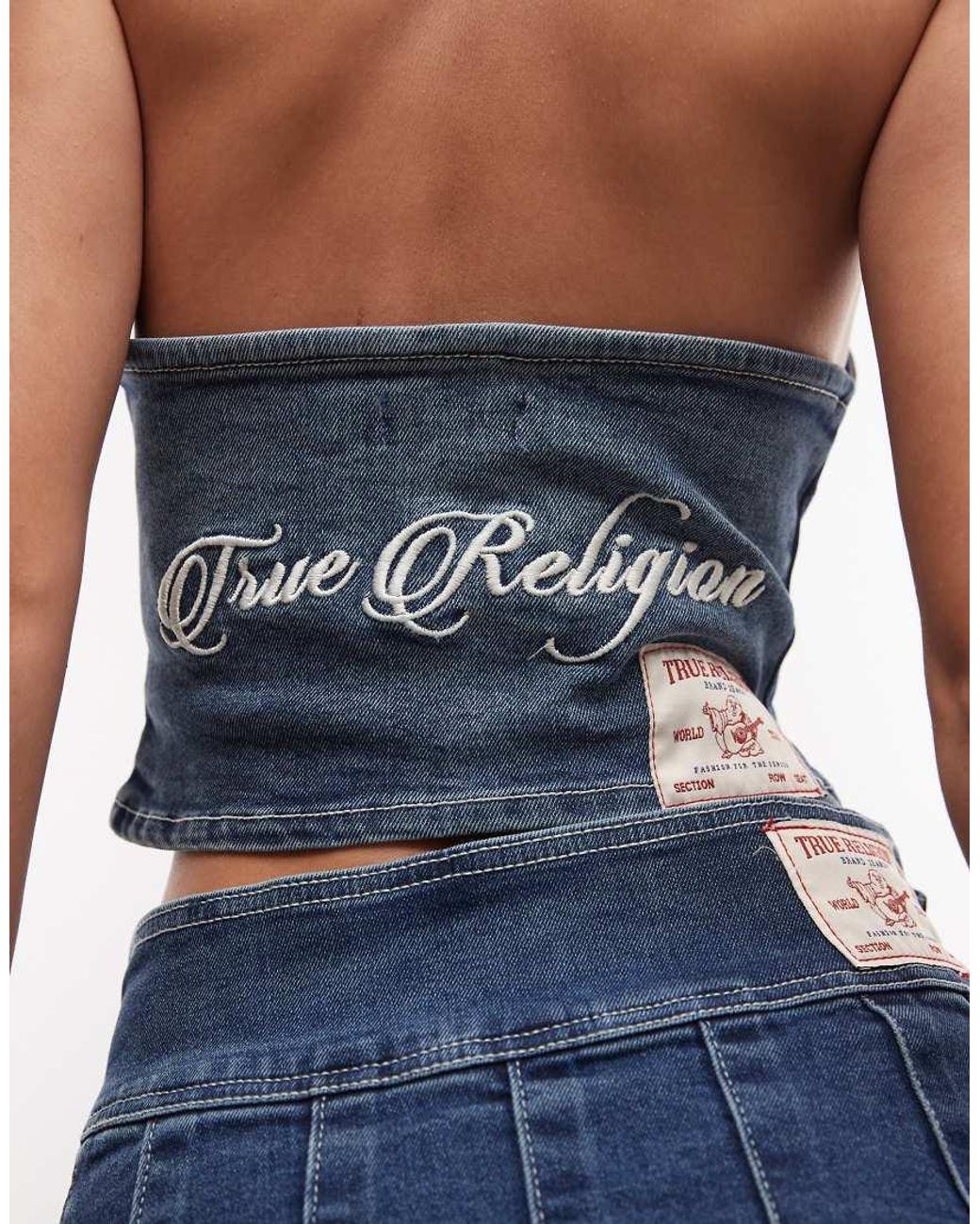True Religion Blue Halter Neck Denim Waistcoat Style Crop Top