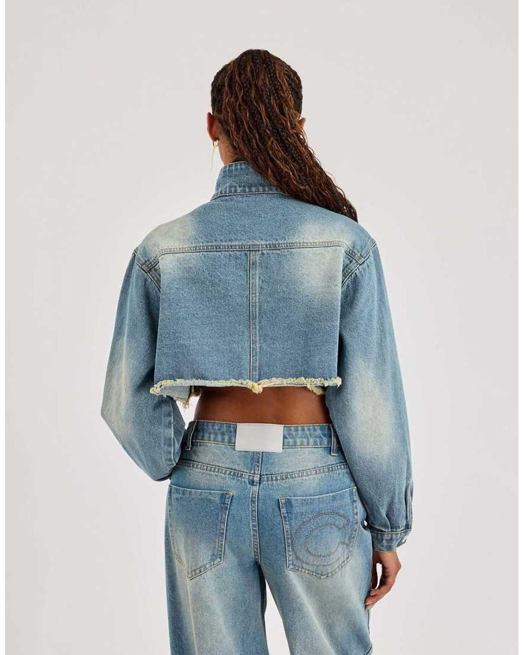 CERNUCCI Blue Super Crop Funnel Neck Denim Jacket