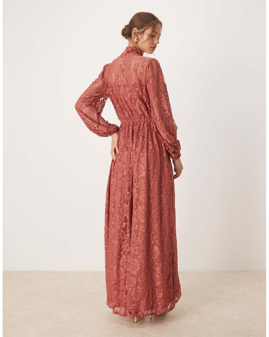 Maya Red Tie Neck Long Sleeve Lace Maxi Dress