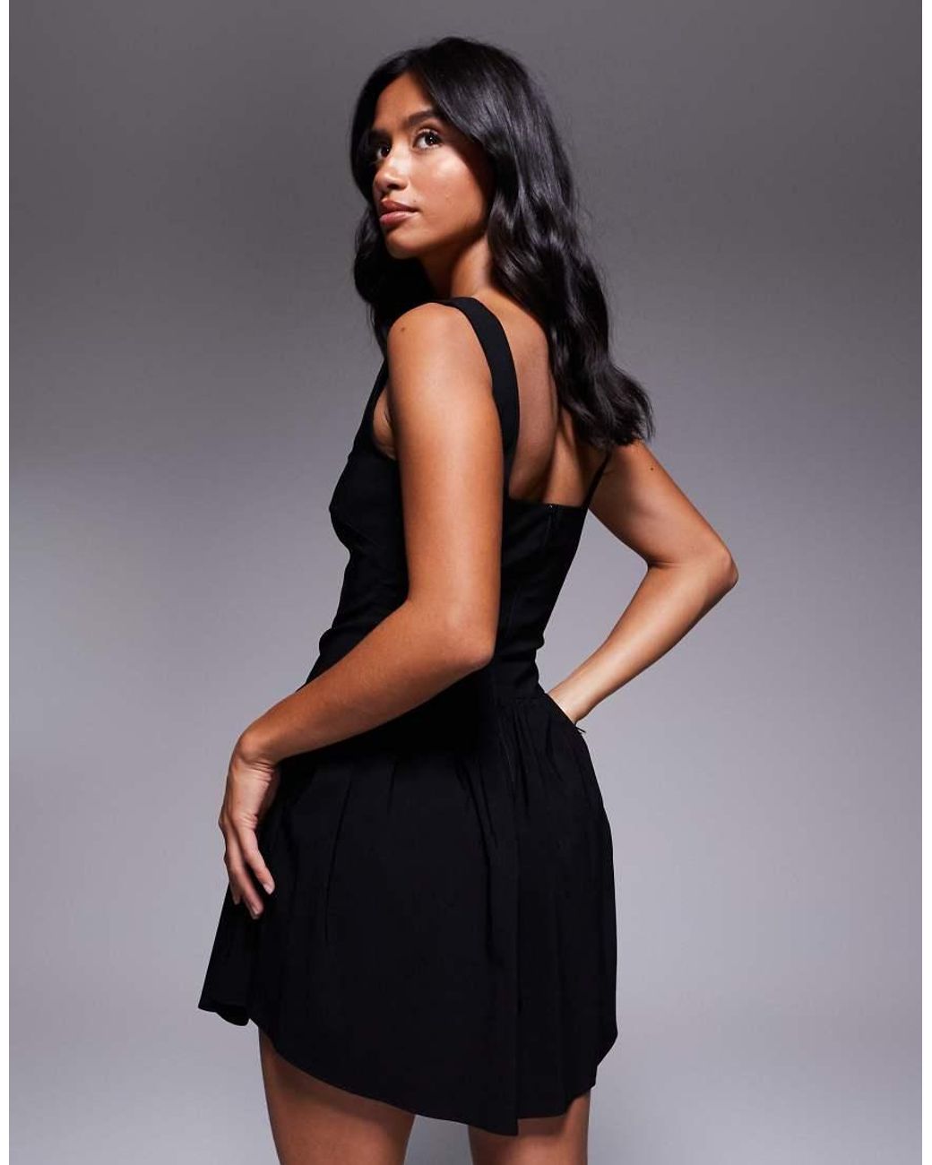 Vesper Petite Bengaline Square Neck Drop Waist Detail Skater Mini Dress in  Black