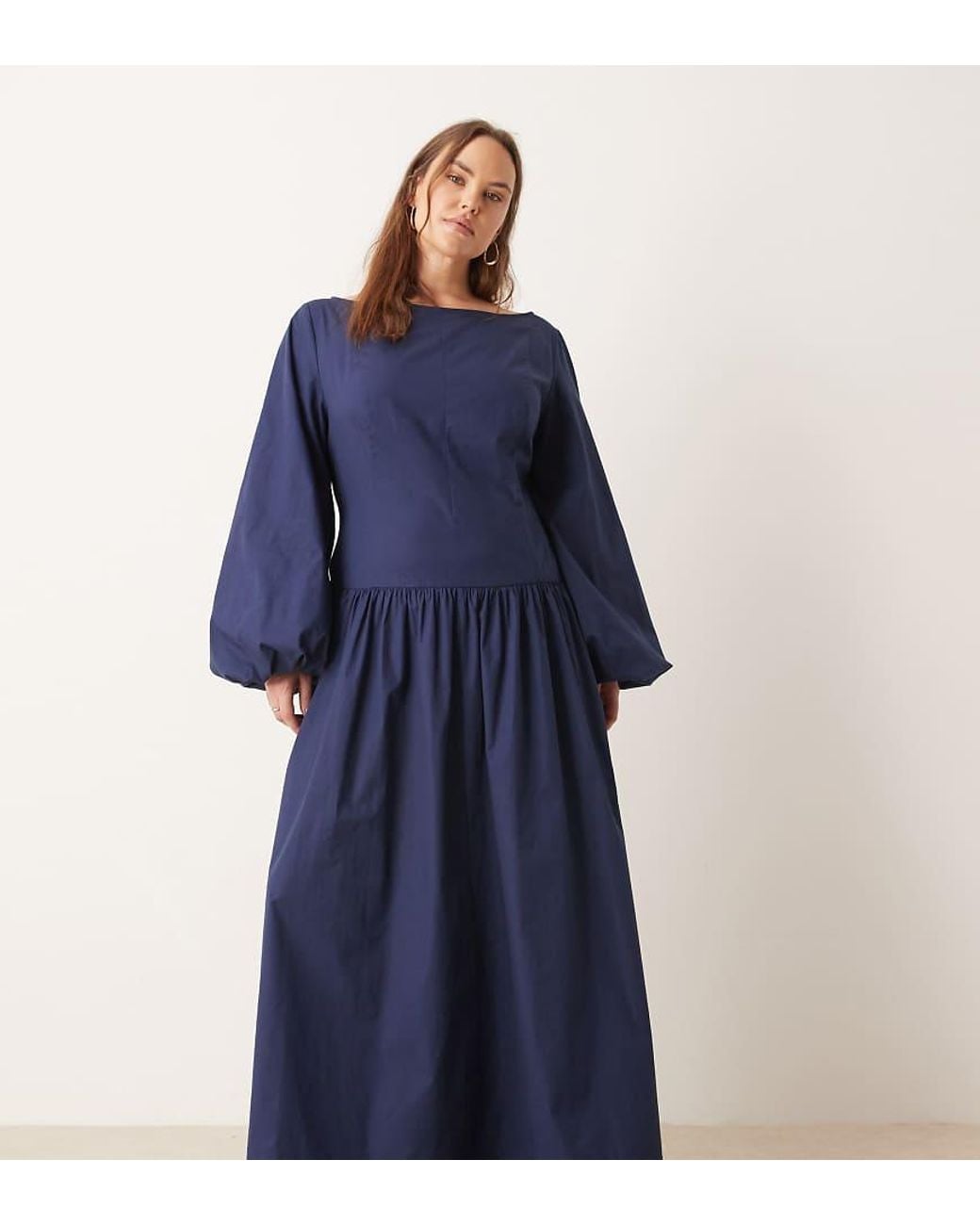ASOS Blue Asos Design Curve Poplin Maxi Dress With Asymmetric Waist And Volume Sleeves