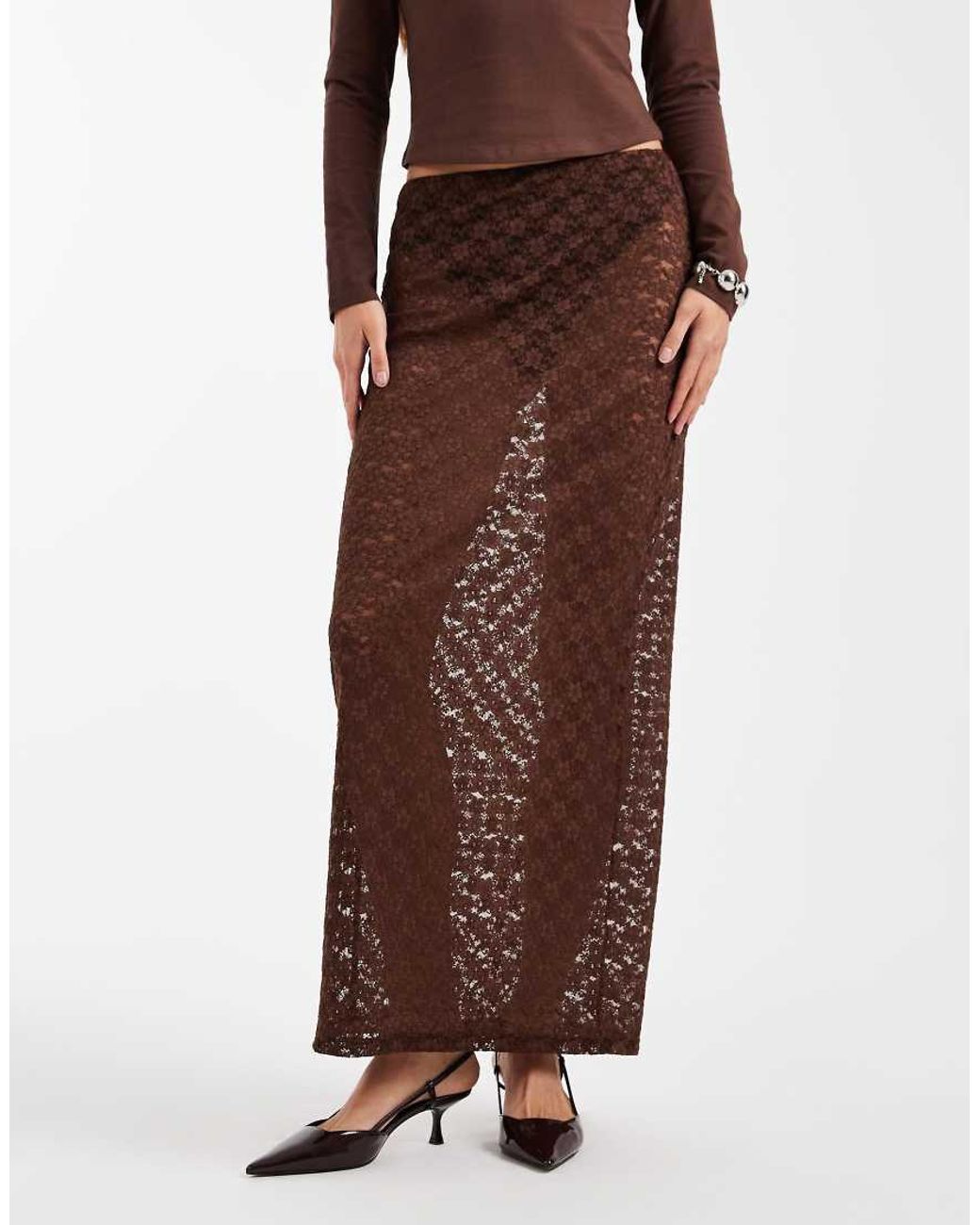 ASOS Brown Lace Sheer Column Maxi Skirt