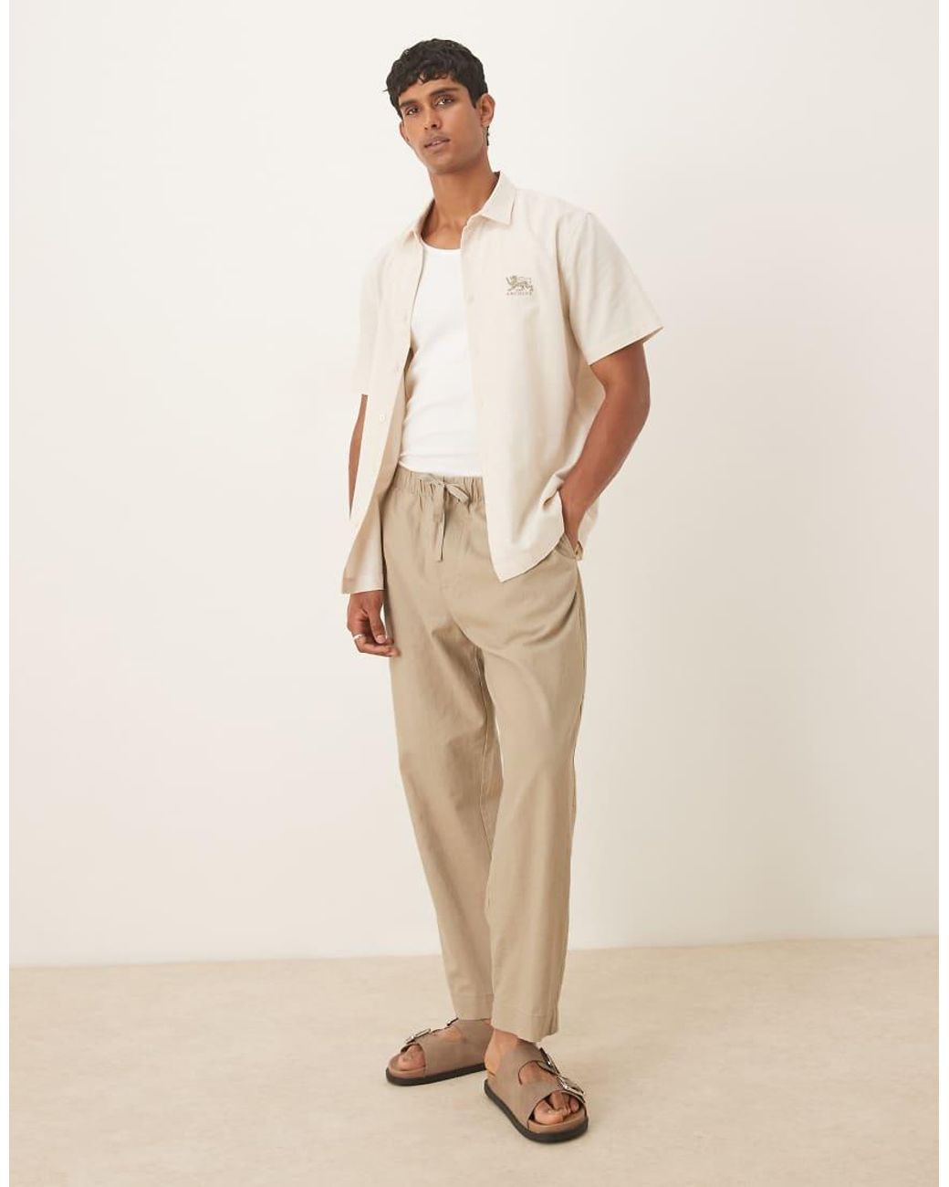 ASOS Natural Regular Shirt With Chest Embroidery for men