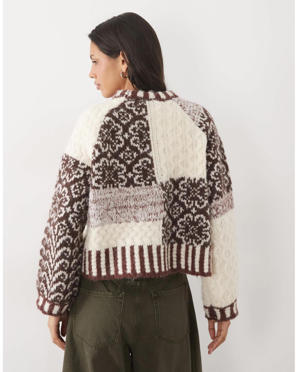 Pieces Brown Premium strukturierter patchwork-strickpullover
