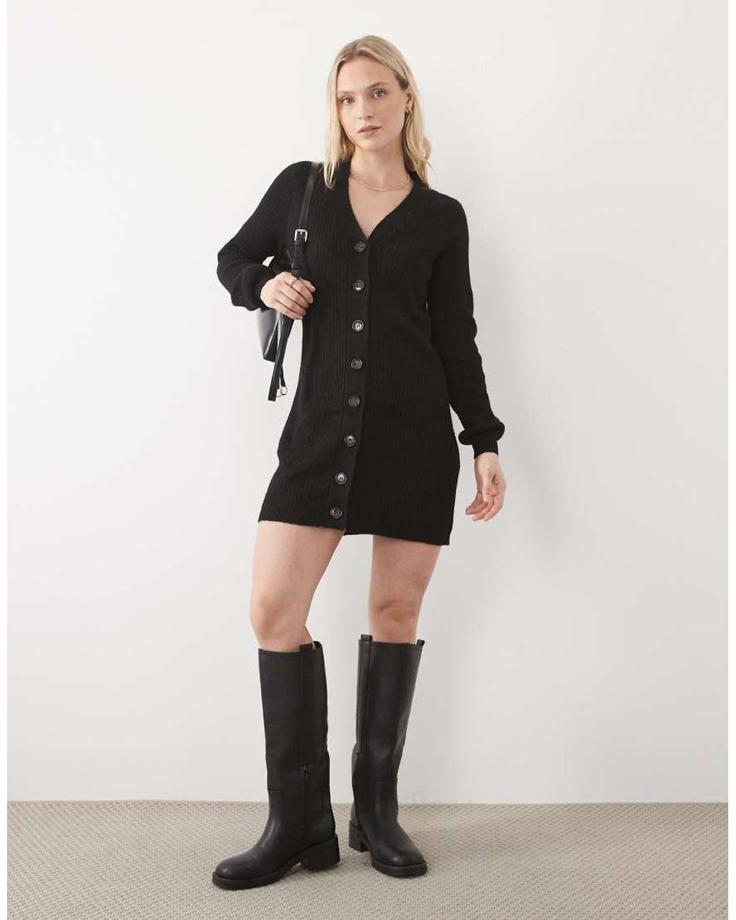 Vero Moda Black Button Front Balloon Sleeve Knitted Mini Dress