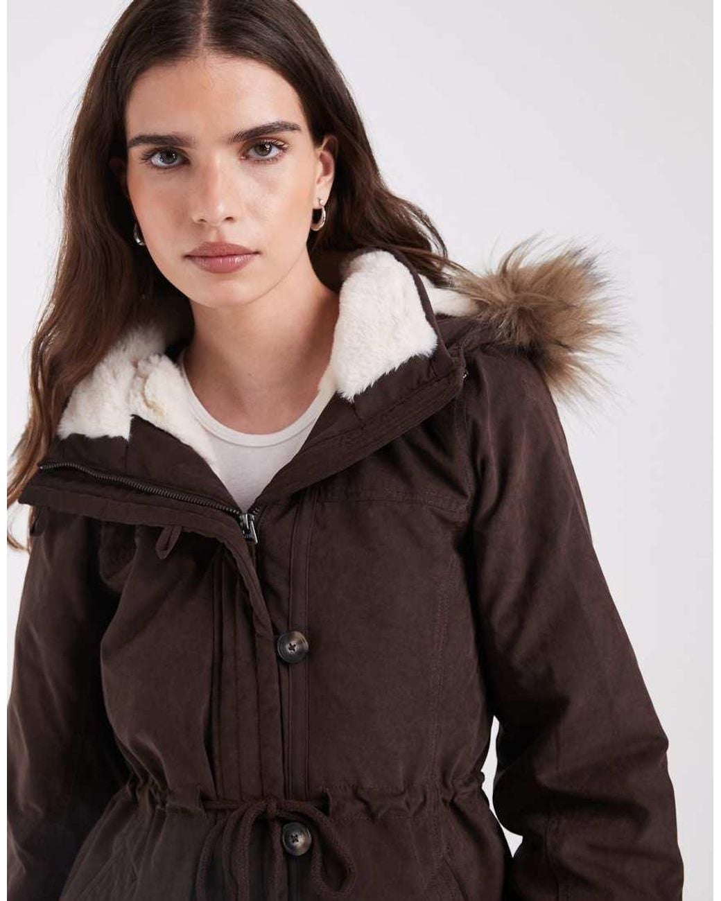 Hollister Brown Teddy Lined Parka Coat With Fur Hood