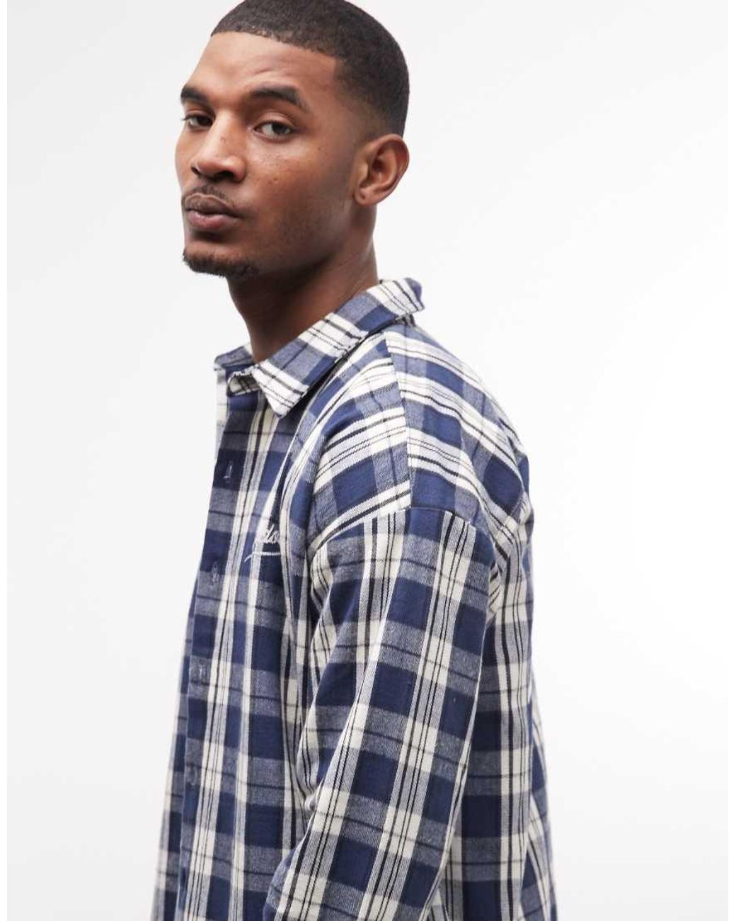 PEGADOR Blue Soglio Oversized Flannel Checked Shirt With Back Print for men