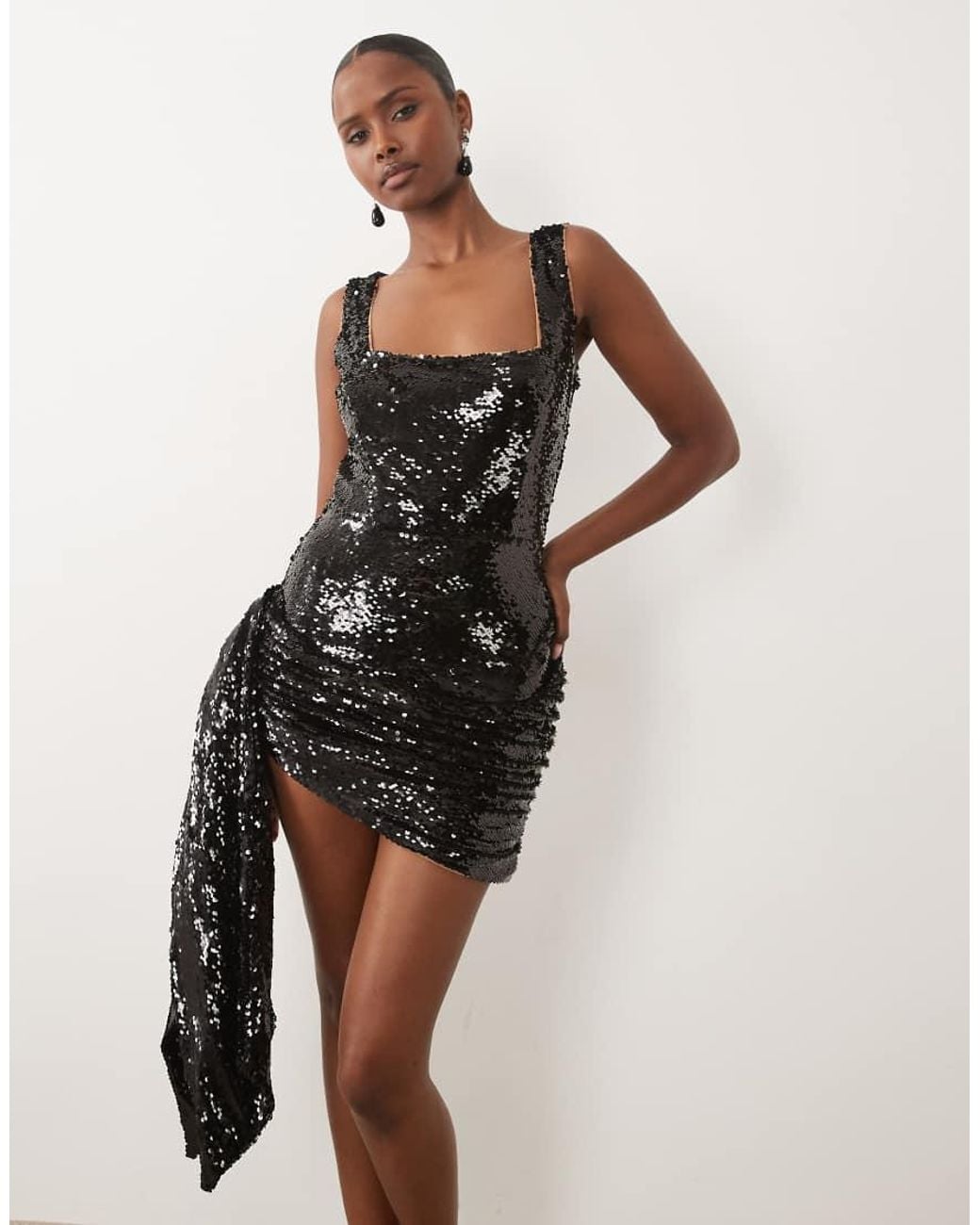 The Dolls House Black Cindy Premium Embellished Square Neck Wrap Detail Mini Dress
