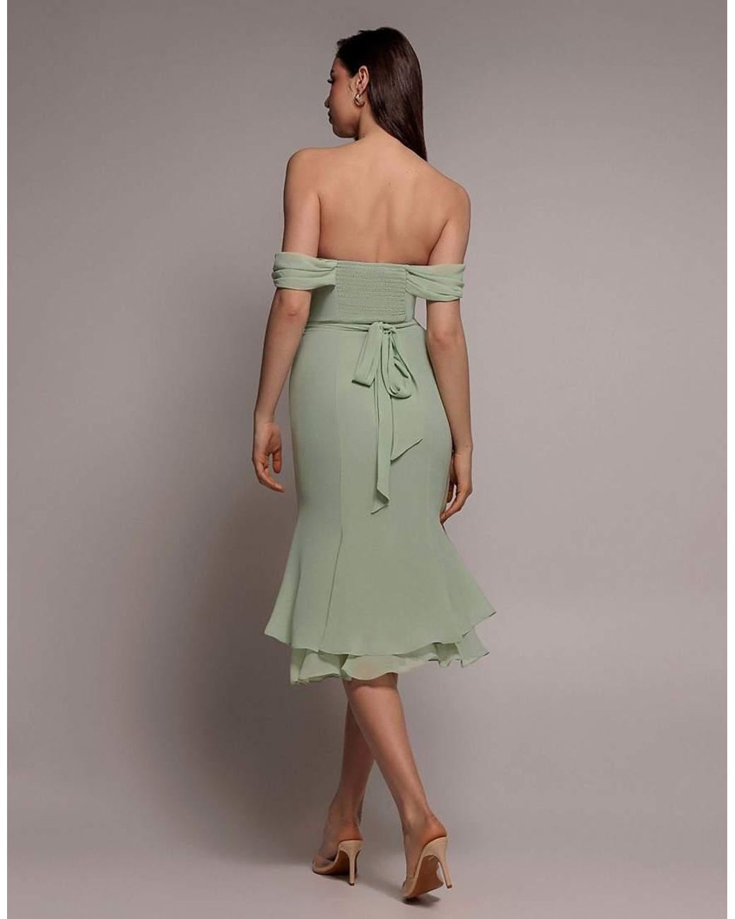 Goddiva Green Chiffon Cowl Off Shoulder Wing Tiered Midi Dress