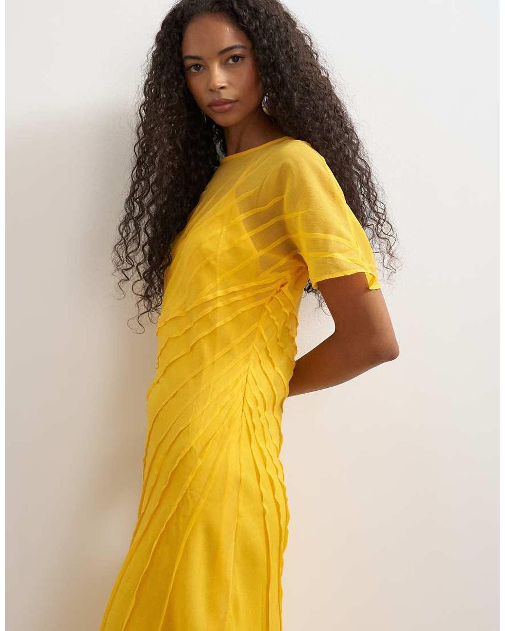 TOPSHOP Yellow Sheer Chiffon Maxi Dress With Pintuck Details