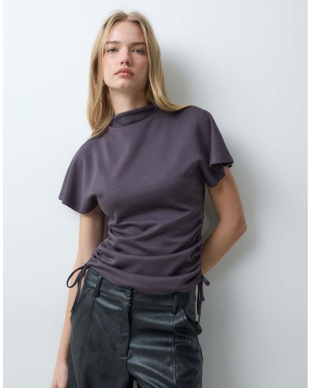 Threadbare Blue Cape Sleeve Top With Side Ruche Detail