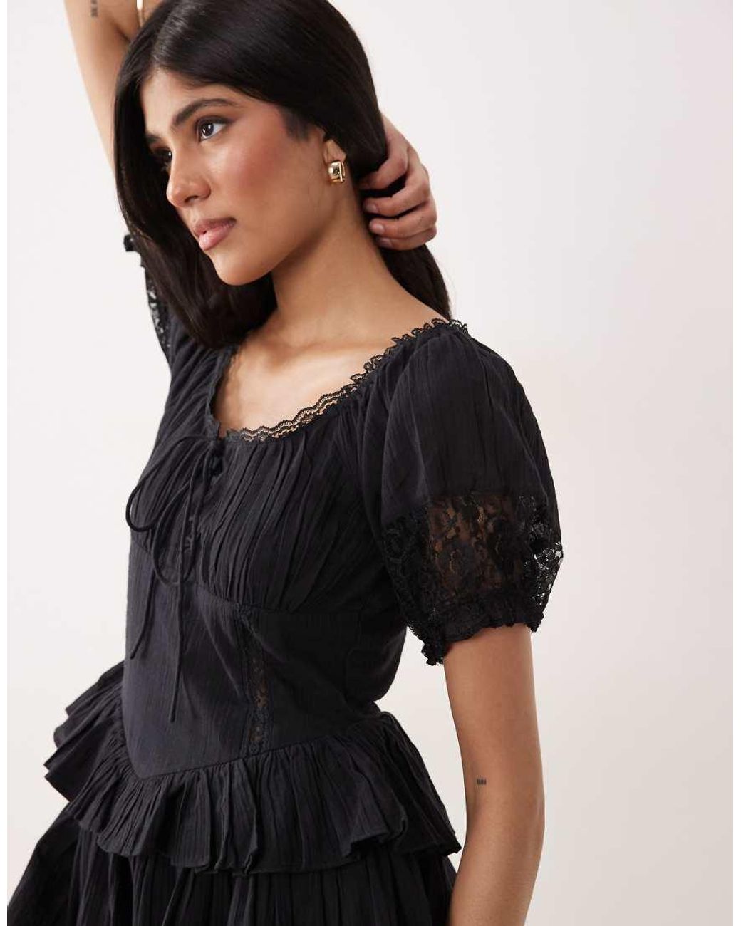 Miss Selfridge Natural Cheesecloth Lace Detail Milkmaid Playsuit