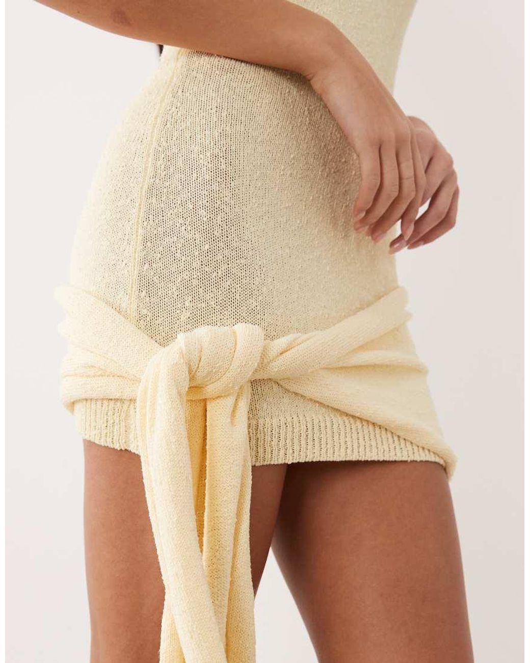 Aria Cove Natural Boucle Knit Twist Bardot Knot Drape Front Mini Dress