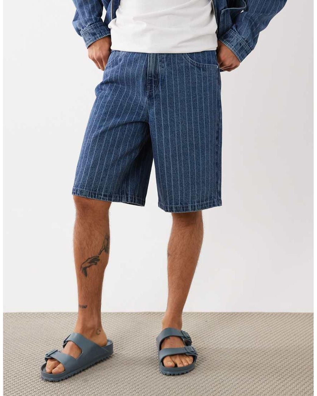 ASOS Blue Co-ord Loose Denim Striped Jorts for men