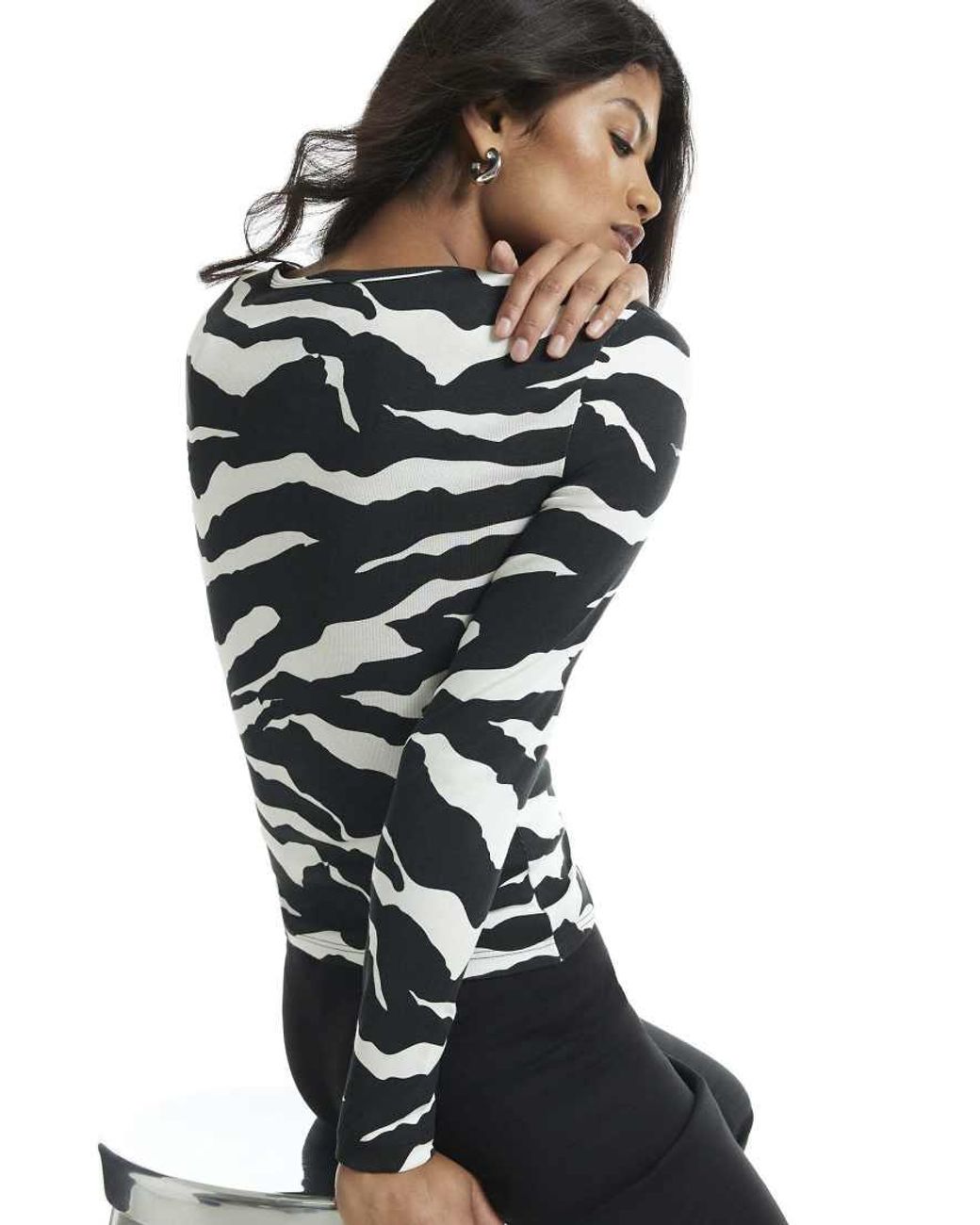 River Island Black Zebra V Neck Long Sleeve Top