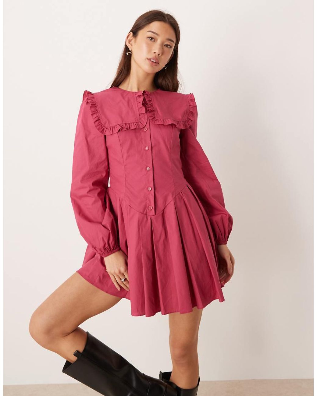 Glamorous Pink Long Sleeve Dramatic Collar Mini Dress