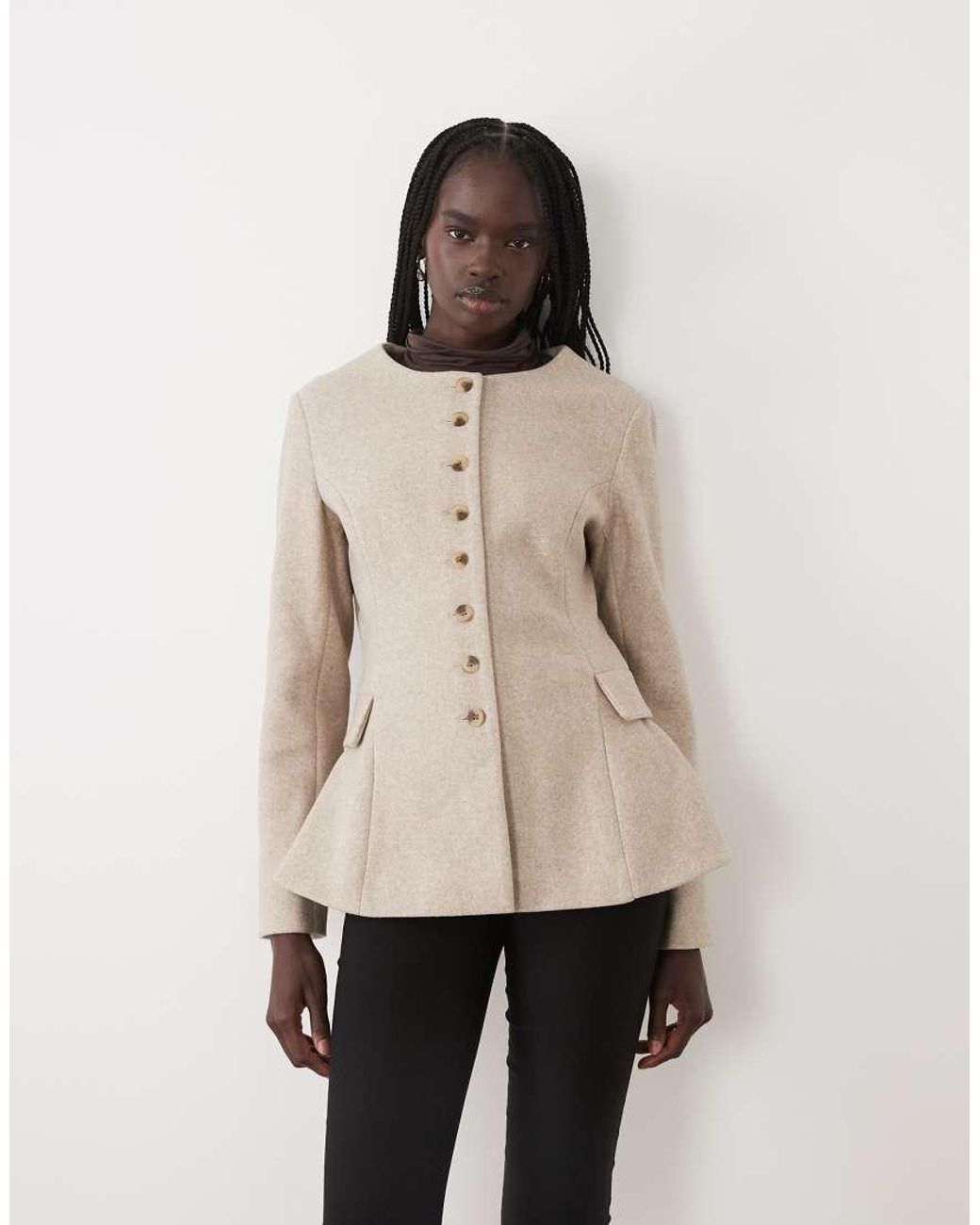 Vila Natural Waist Detail Collarless Fitted Jacket