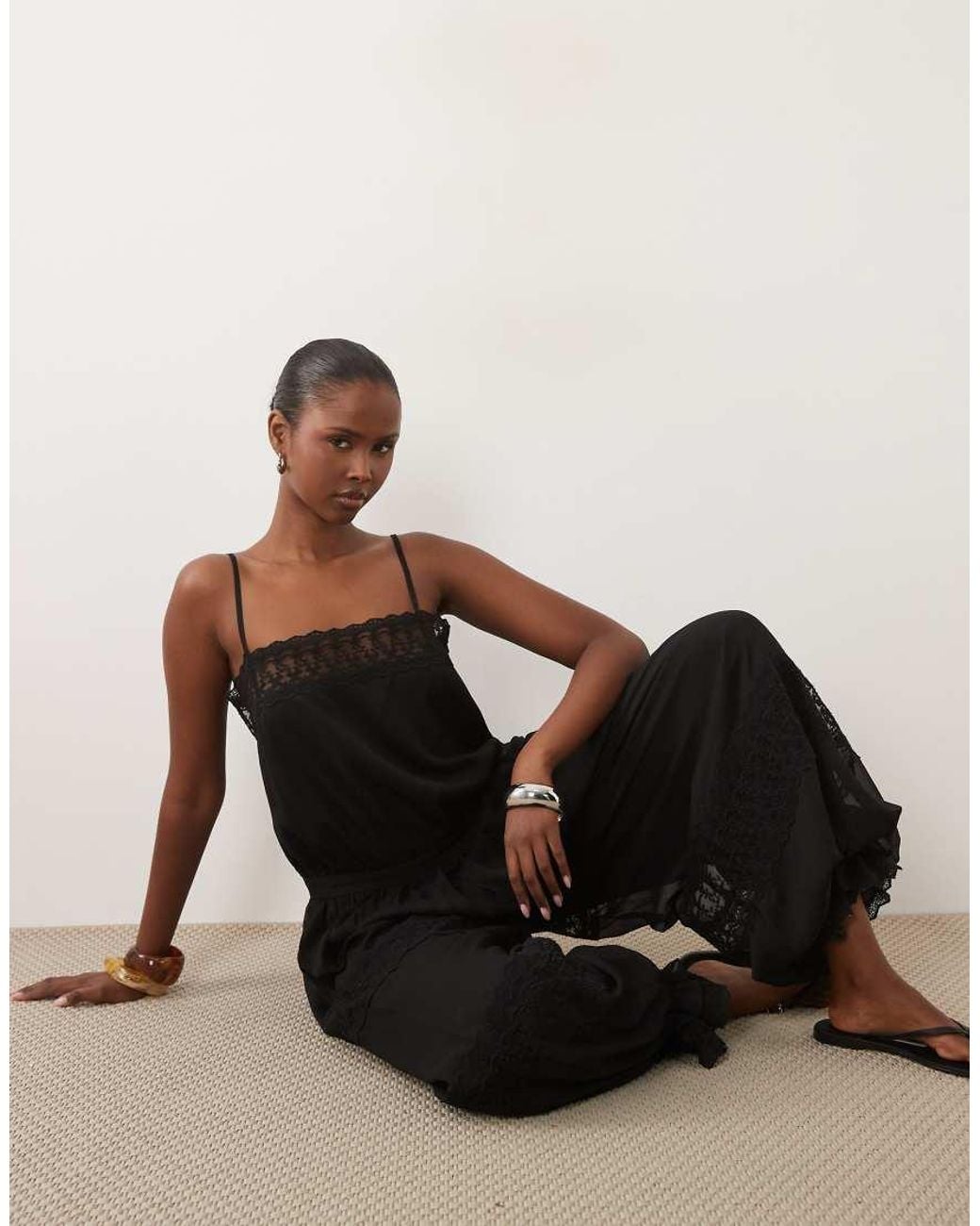 ASOS Black Sheer Lace Jumpsuit With Bubble Hem
