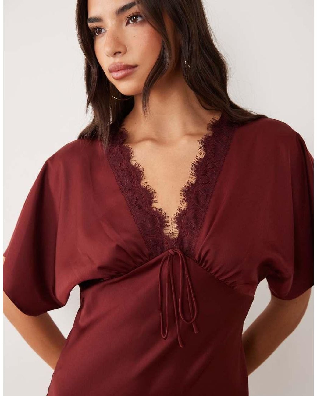 Miss Selfridge Red Satin And Lace Batwing Maxi Dress