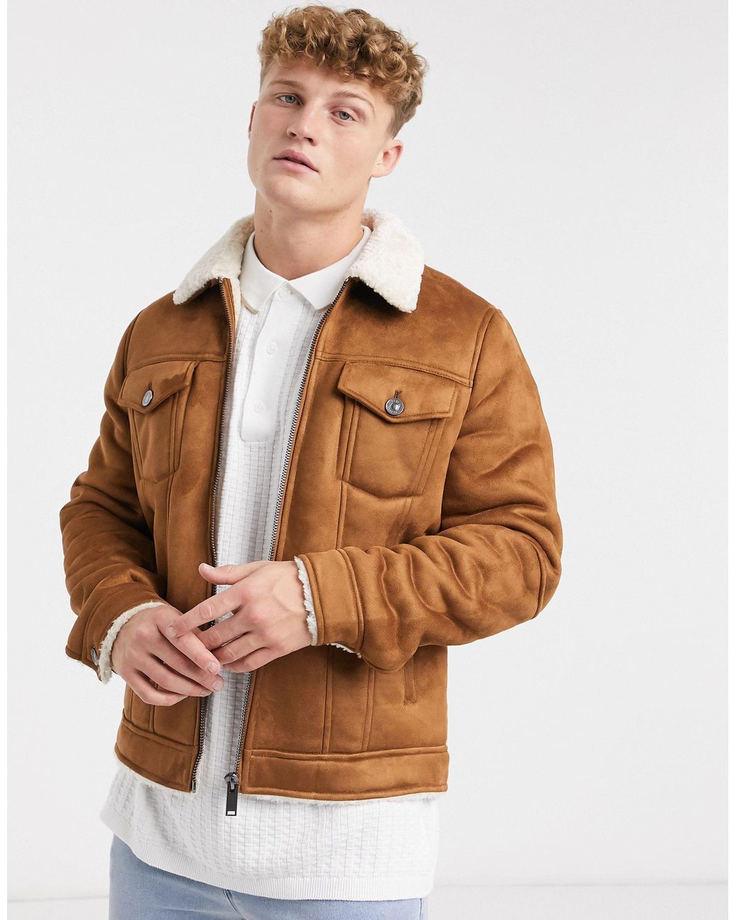 River Island Borg Lined Western Trucker Jacket in Brown for Men | Lyst UK