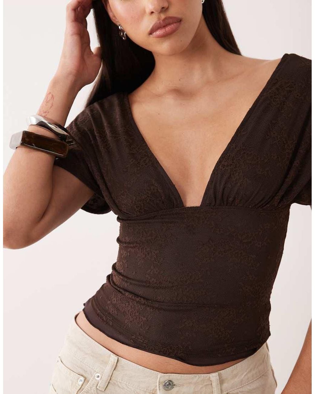 Motel Black Rovali Plunge Tie Back Lace Top