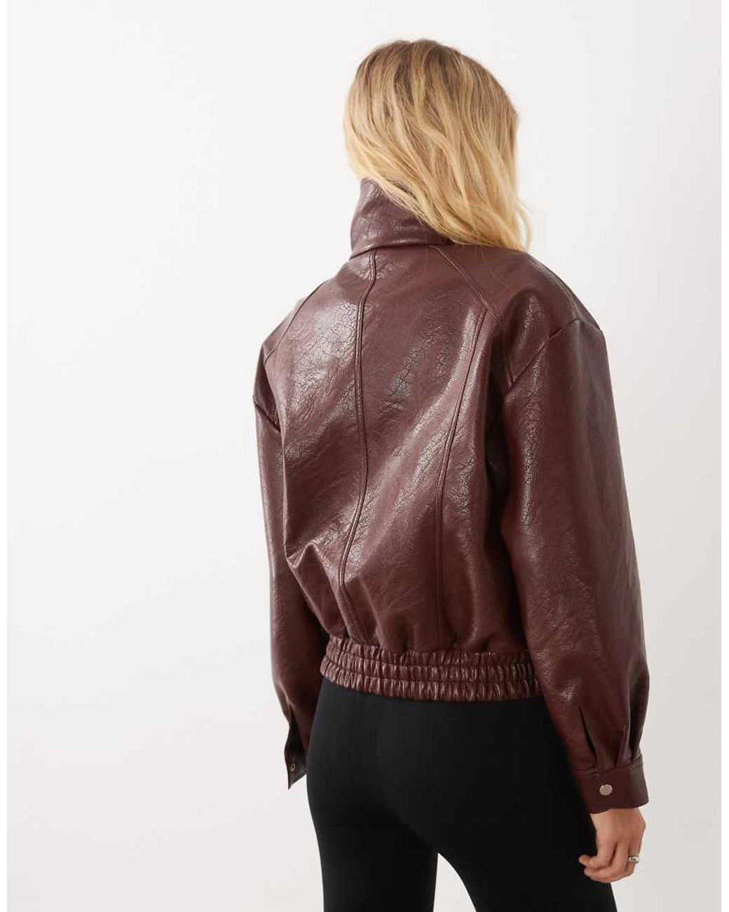 Kaiia Brown Exclusive Faux Leather Funnel Neck Bomber Jacket