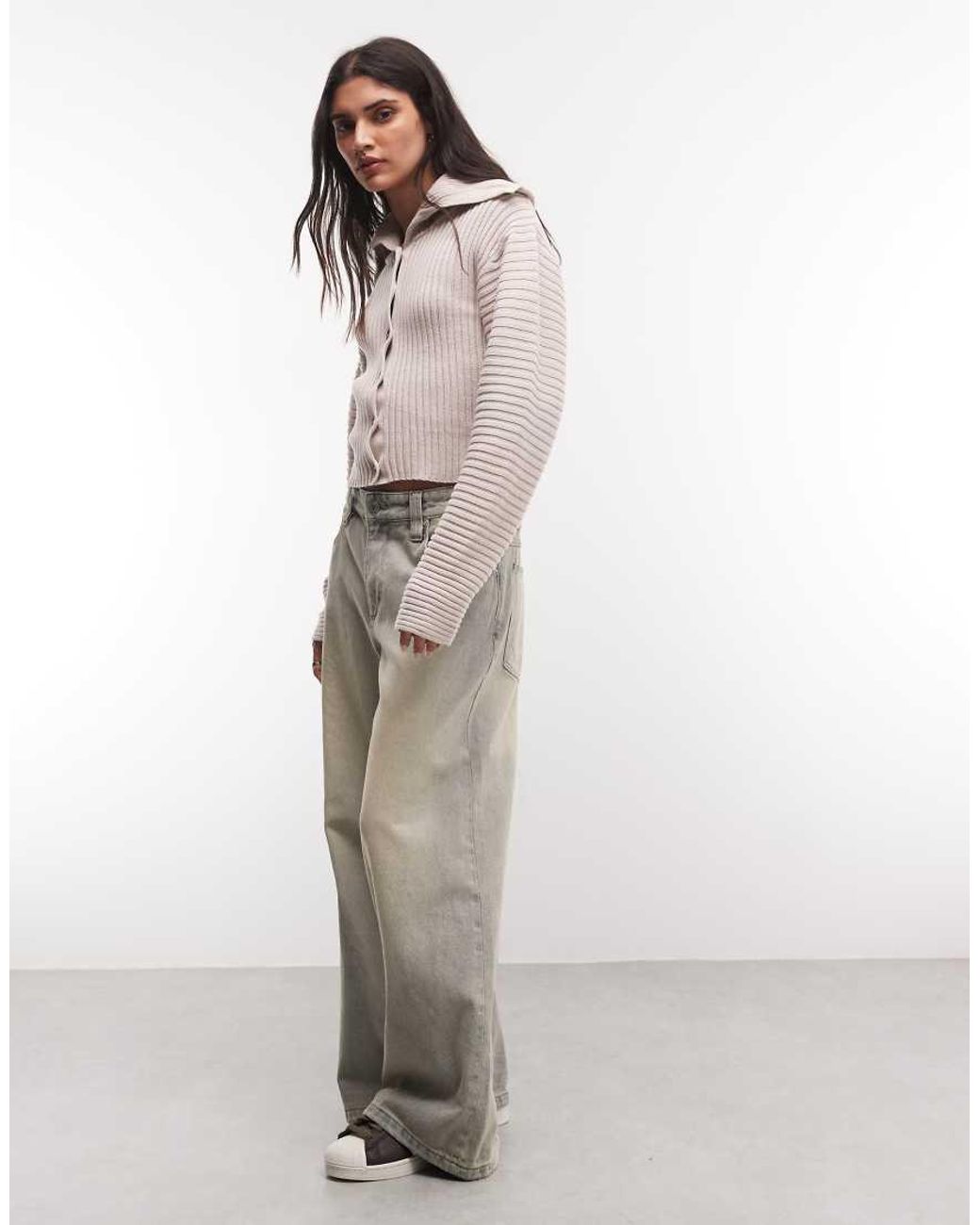 Monki Natural Cinched Knitted Collar Cardigan