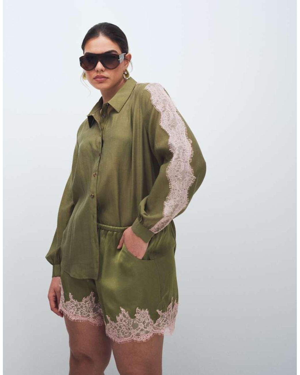Never Fully Dressed Green Satin Lace Hem Detail Shorts Co-Ord