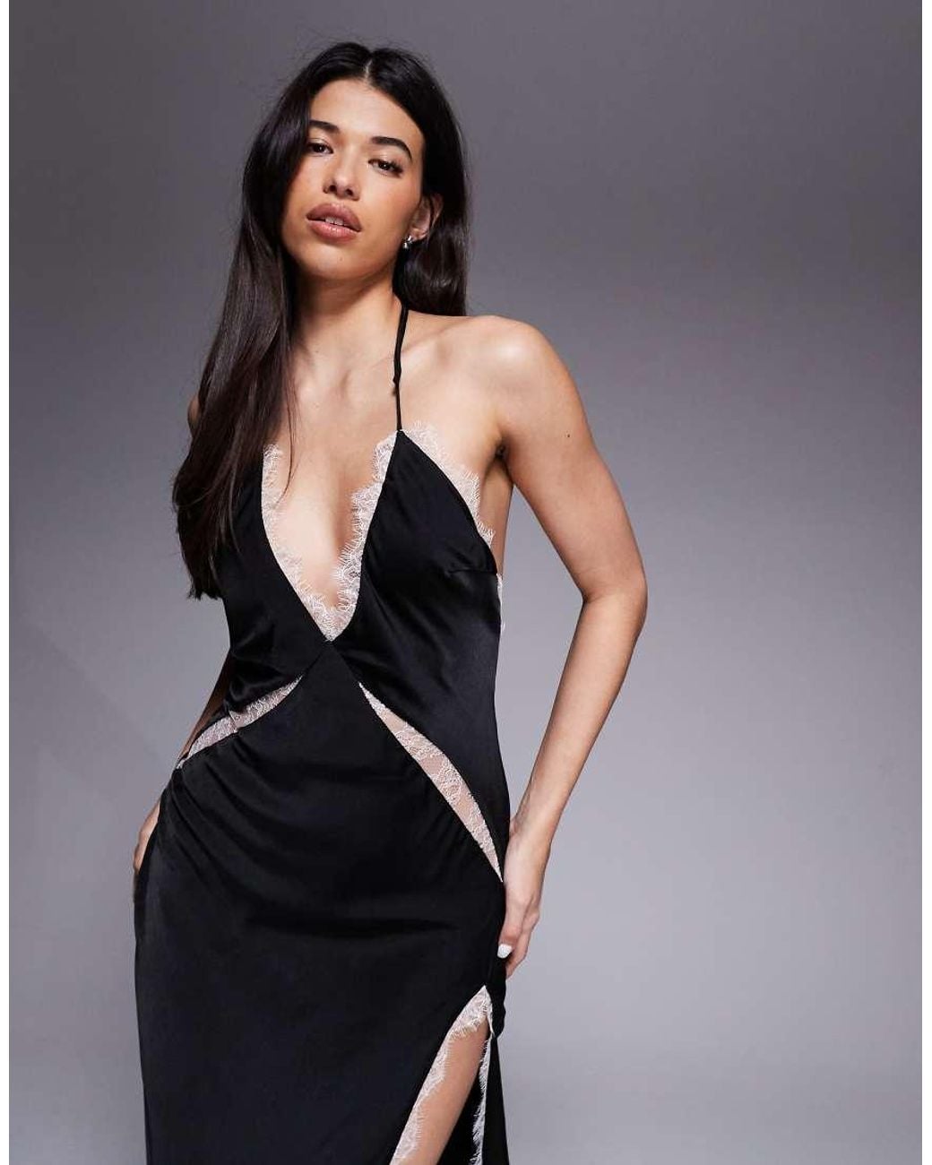 Bardot Black Orada Satin Lace Trim Cut Out Slit Front Halter Neck Midaxi Dress