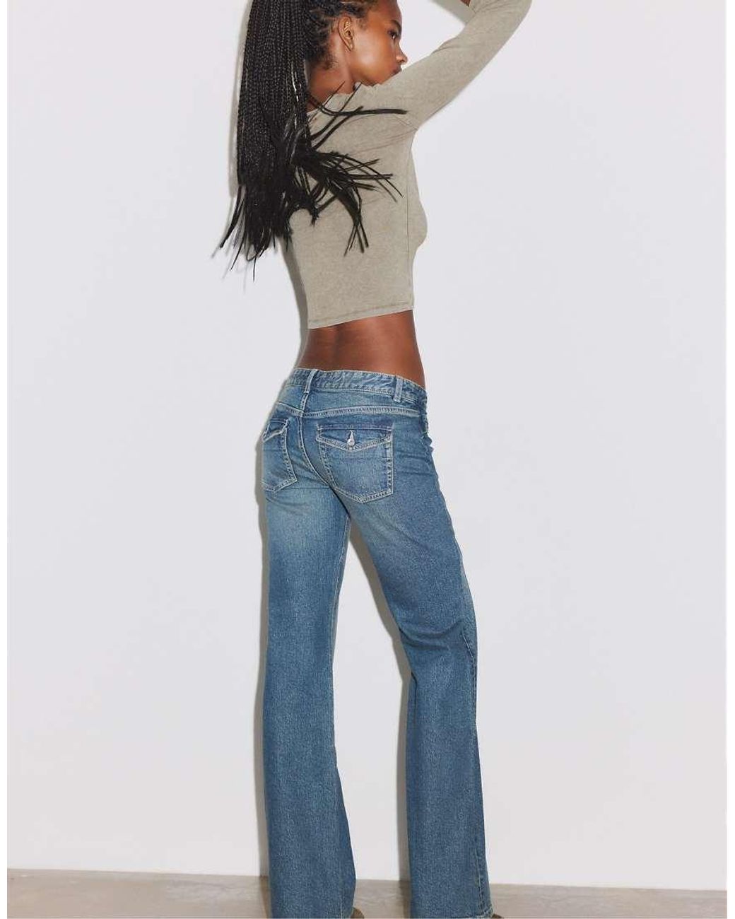 Stradivarius Blue Crossover Waistband Bell Bottom Jeans