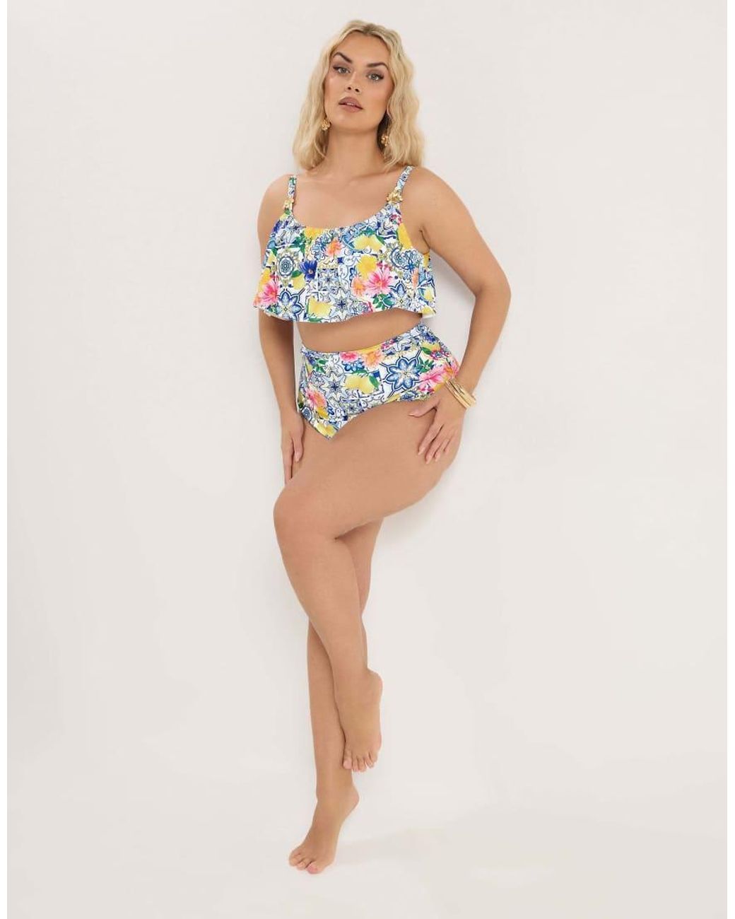 Yours Clothing Blue Mediterranean Frill Bikini Top