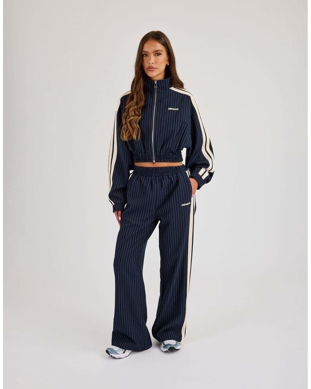 CERNUCCI Blue Pinstripe Taping Cropped Funnel Neck Jacket