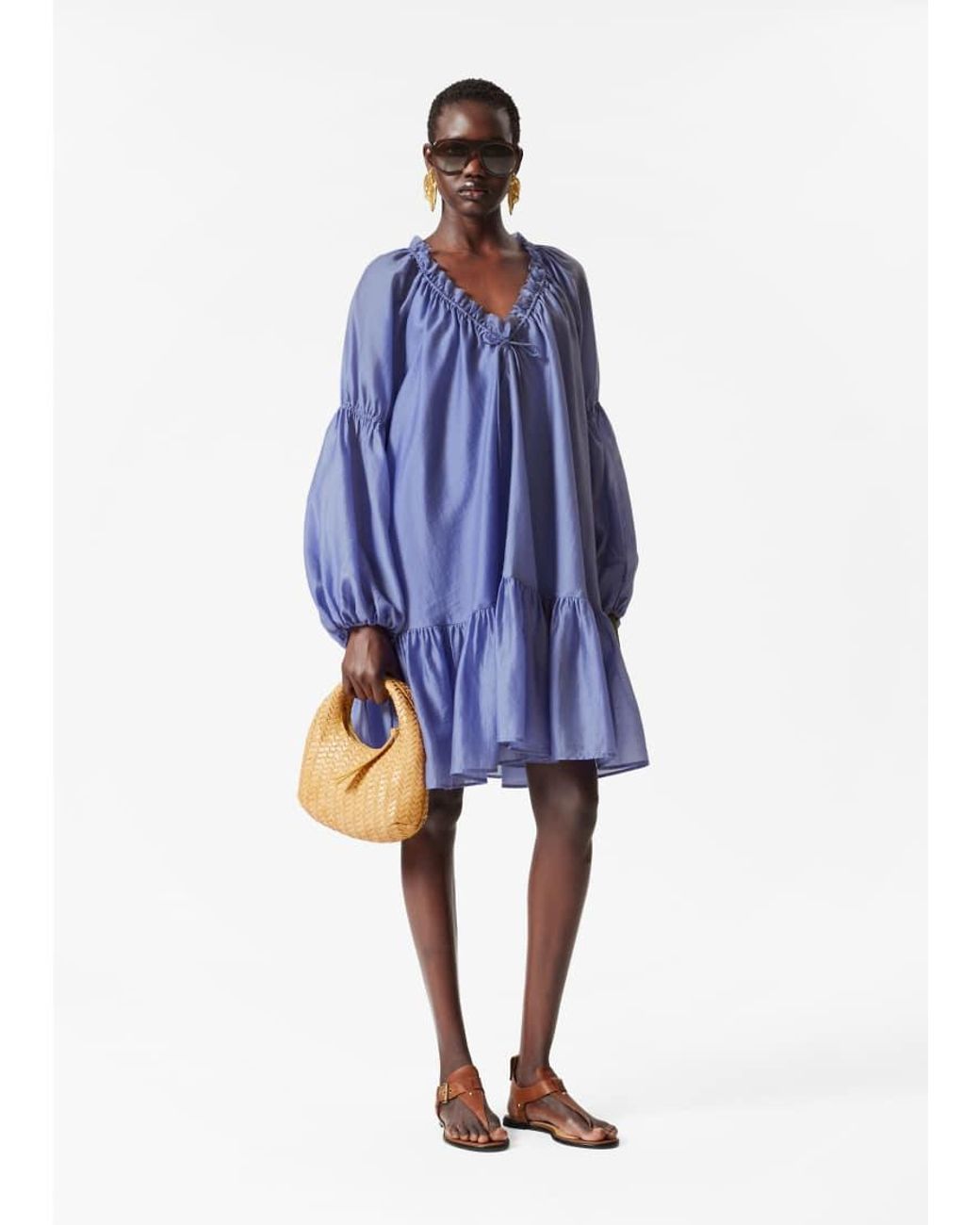 & Other Stories Blue Semi Sheer Mini Dress With Volume Sleeves