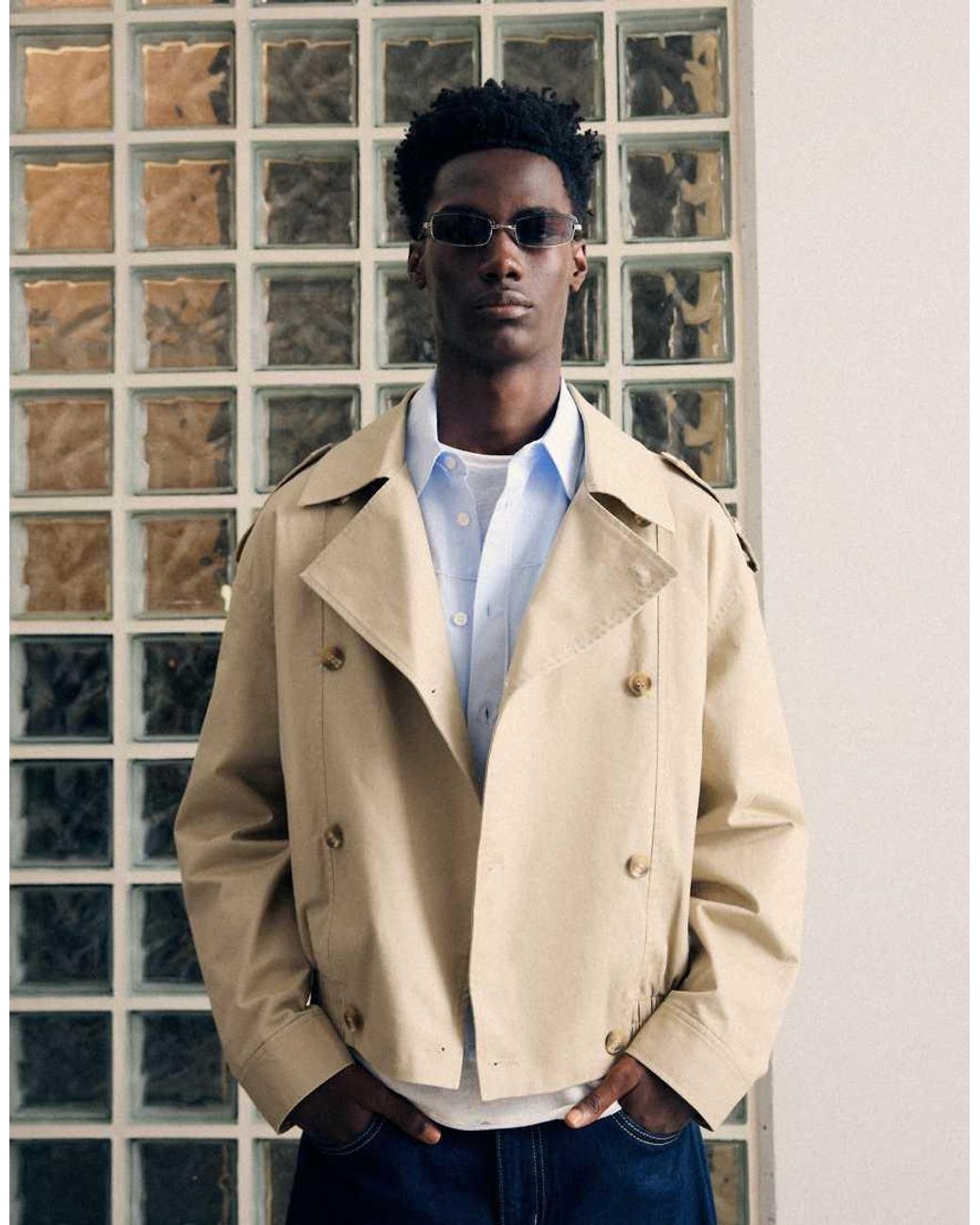 Bershka Natural Cropped Trench Jacket for men
