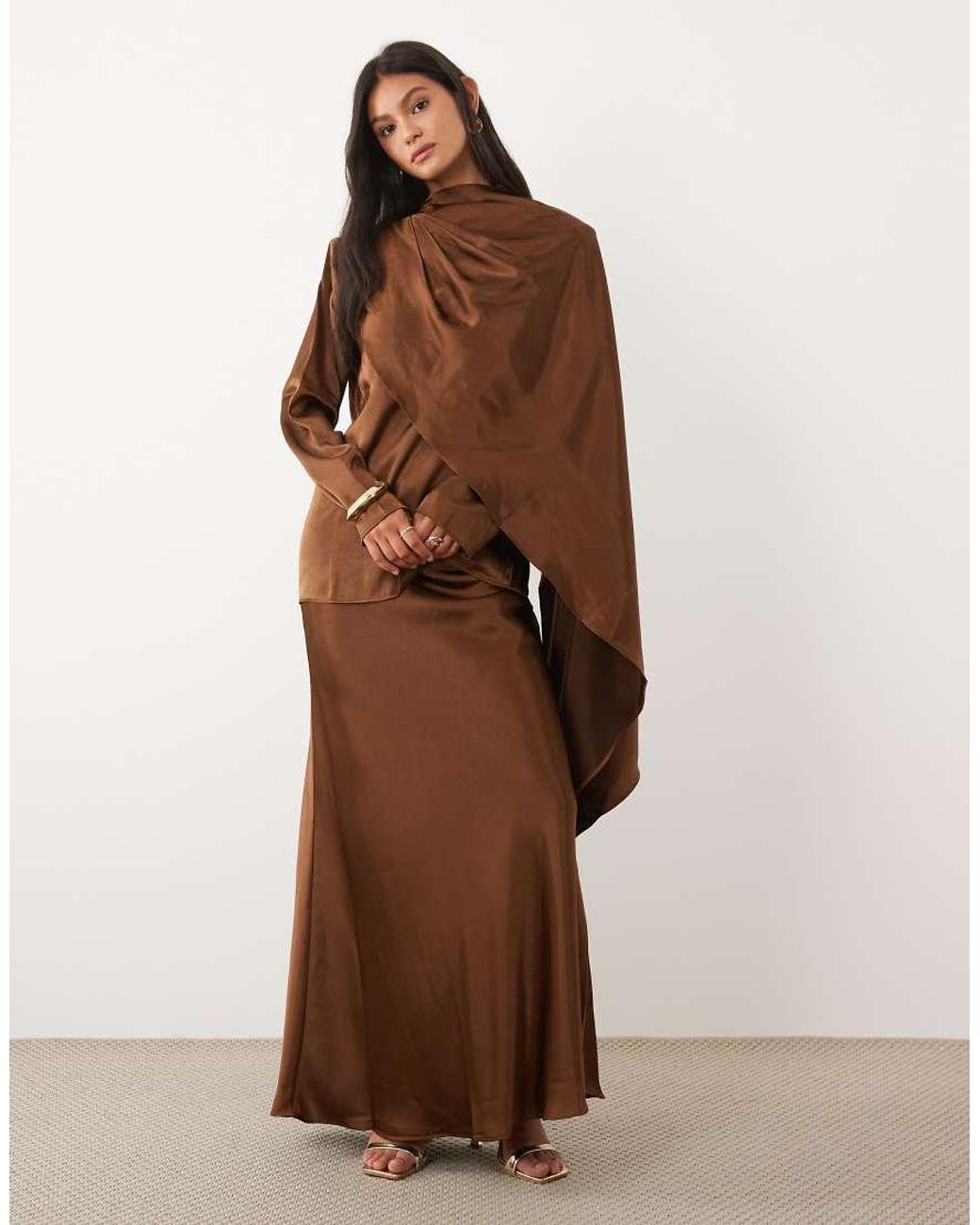 JW PEI Brown Exclusive Satin Asymmetric Draped Cape Detail High Neck Top Co-ord