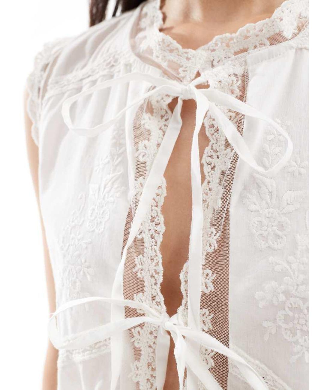 ASOS White Lace And Embroidery Detail Tie Front Top