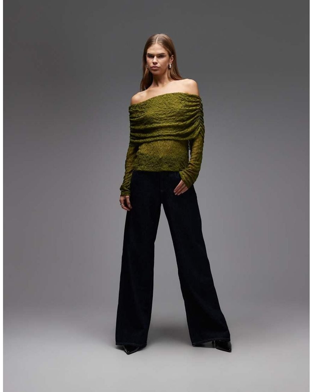 ASOS Kanten Top Met Blote Schouders En Omslag in het Green