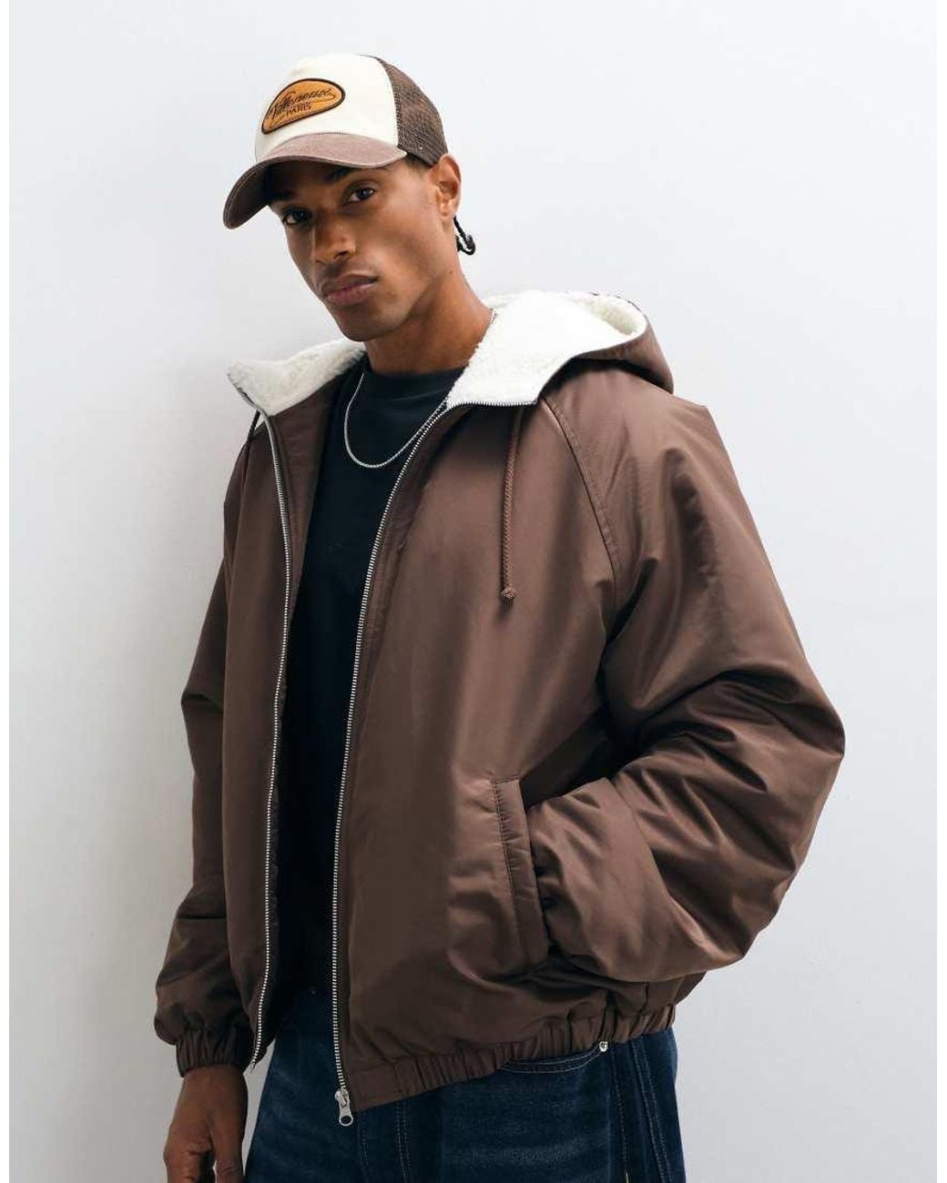 ASOS Black Nylon Bomber With Borg Trip On Hood for men