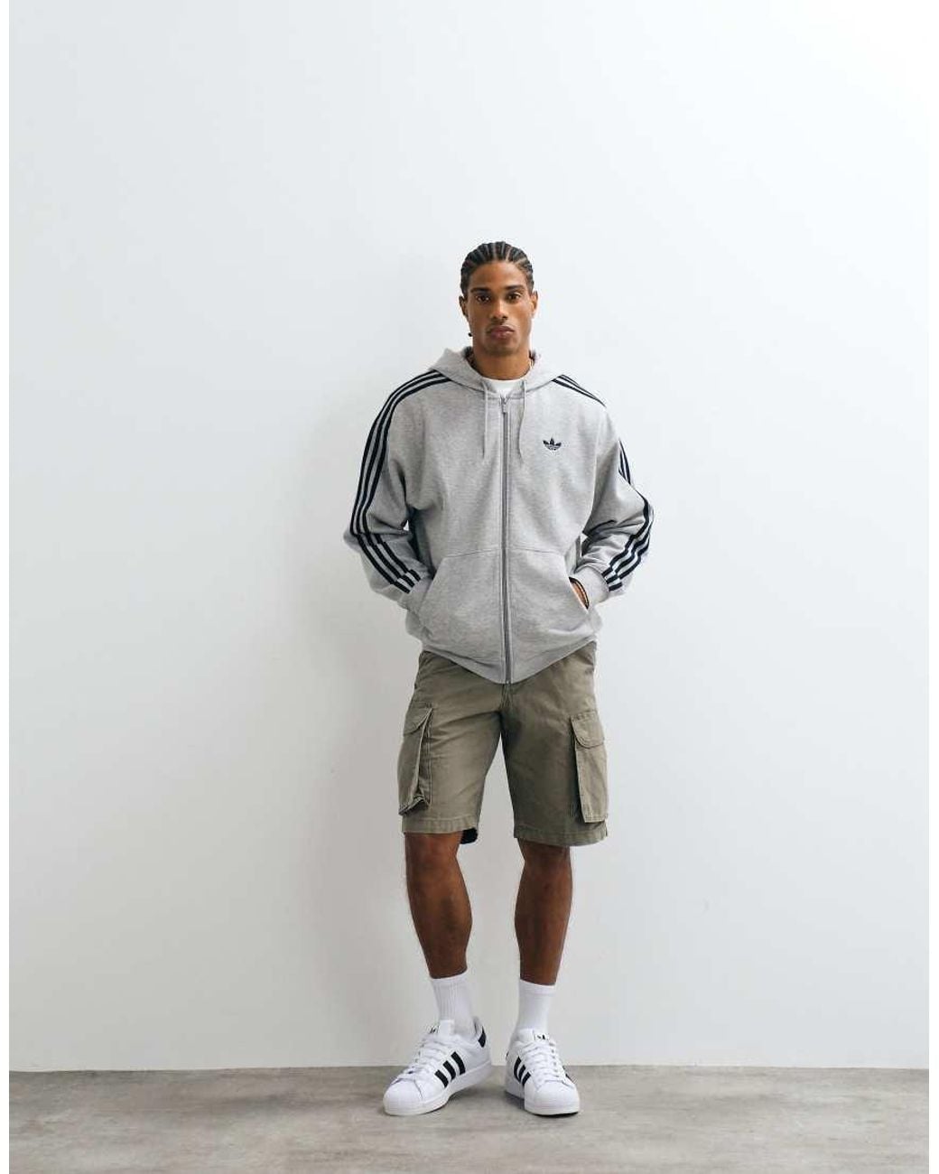 Adidas Originals Gray Full Zip Loose Fit Hoodie for men