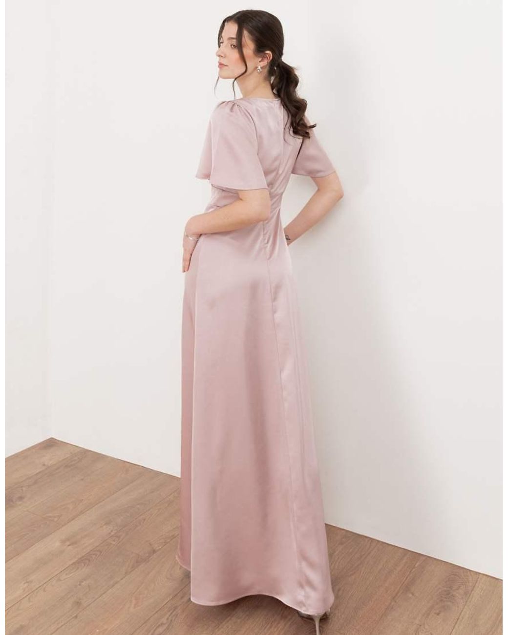 Maya Pink V Neck Angel Sleeve Satin Maxi Dress