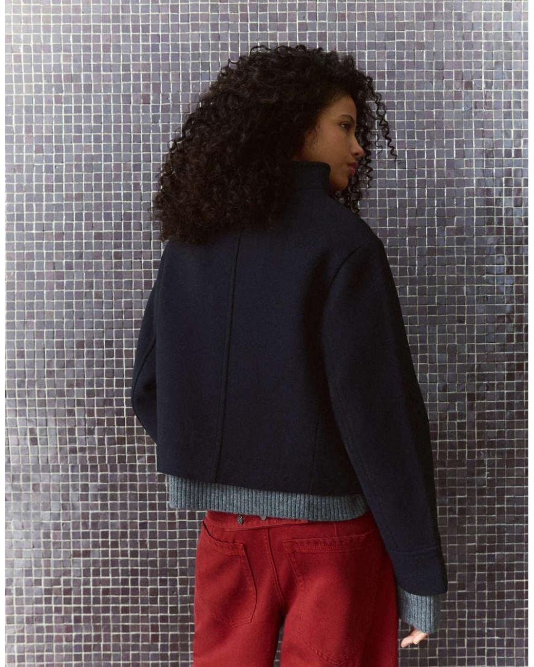 Bershka Blue Cropped Felt-effect Wrap Jacket