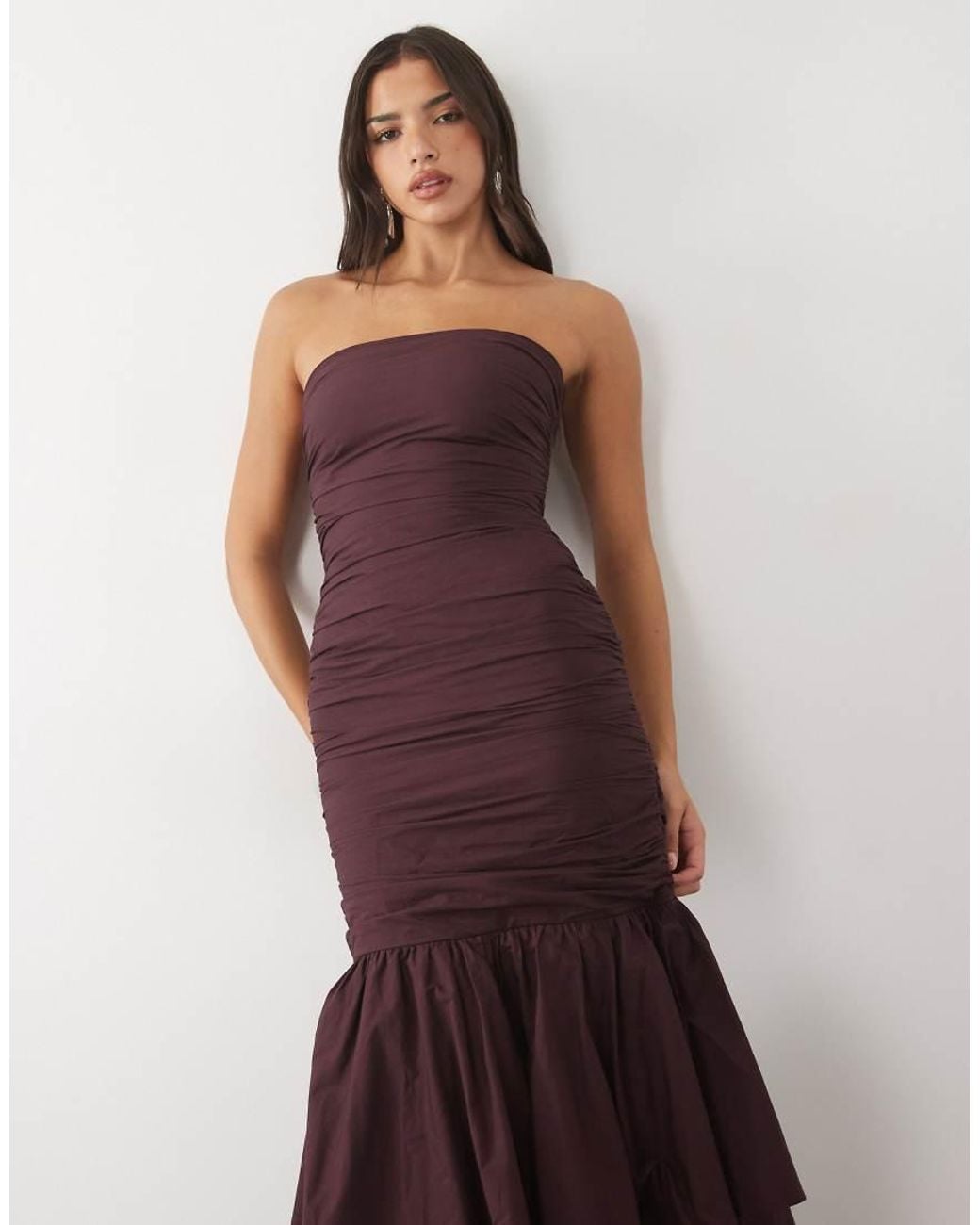 LACE & BEADS Brown Taffeta Bandeau Ruffle Hem Drop Waist Maxi Dress